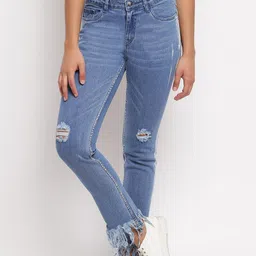 TALES & STORIES Women Blue Slim Fit Mildly Distressed Light Fade Stretchable Jeans-picture-28