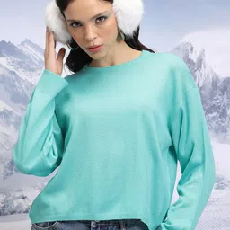 Tokyo Talkies Blue Round Neck Acrylic Pullover-image-91