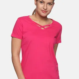 Trends Tower Women Magenta V-Neck Pure Cotton T-shirt-picture-23