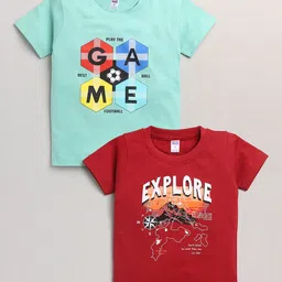 Nottie Planet Boys Turquoise Blue & Red Set Of 2 Printed Pure Cotton T-shirt-picture-28