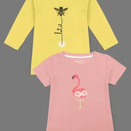 HELLCAT Girls Yellow & Peach-Coloured 2 Printed Bio Finish T-shirt-image-99