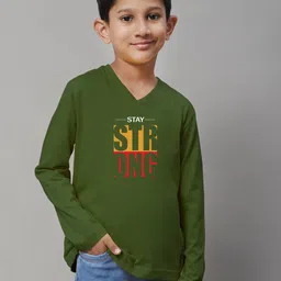 Friskers Boys Olive Green Typography Printed V-Neck Applique T-shirt-picture-33
