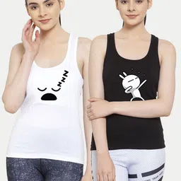 Friskers Women Pack Of 2 White & Black Sleepy Three star Tank tops-picture-37