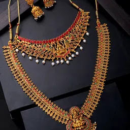 Yellow Chimes Gold-Plated Temple Bridal Choker & Long Necklace With Earrings Jewellery Set-picture-17