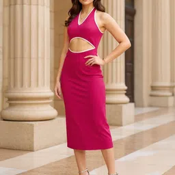 RARE Women Solid Halter Neck Cut out Sheath Midi Dress-image-49