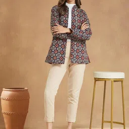 Fabindia Women Stand Collar Floral Printed Tailored Cotton Jacket-image-64