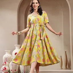 Stylum Floral Printed Shirt Collar Pure Cotton Fit & Flare Midi Dress-picture-35