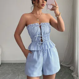 Outzidr Striped Sleeveless Ruffle Tube Top With Shorts Co-Ord image 4