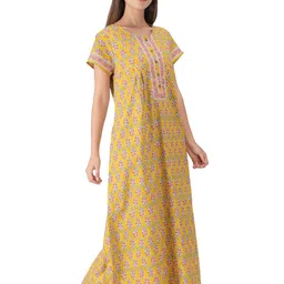 Nihsamah Women Yellow Floral Printed Round Neck Button-Ups Maxi Nightdress-picture-36