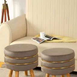 NACIA Brown & Gold-Toned 2 Pieces Textured Wooden & Velvet Pouffes Stool Ottomans-picture-19