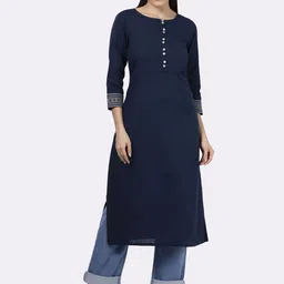 Saffron Women Solid Cotton Kurta with Pockets & Sleeve Embroidery-image-79