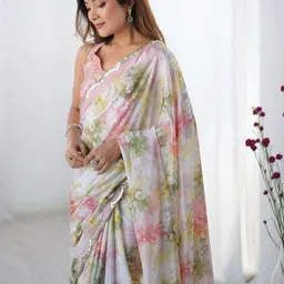 Mitera Floral Mirror Work Pure Chiffon Saree image 2