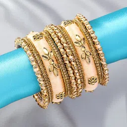 Peora Set Of 10 Peach-Coloured Gold-Plated Designer Silk Thread Bangles-picture-38