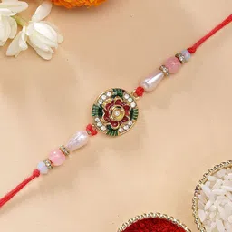 KARATCART Floral Design Red & Green Meena Rakhi with Roli Chawal-picture-17