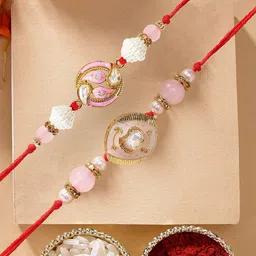 KARATCART Set of 2 Pink & Peach Kundan Rakhi with Roli & Chawal-picture-24