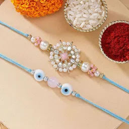 KARATCART Set of 2 Evil Eye & Pink Floral Kundan Rakhi with Roli & Chawal-picture-21