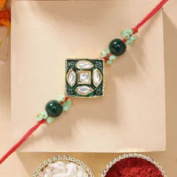 KARATCART Green Meena Floral Design Kundan Rakhi with Roli & Chawal-picture-45