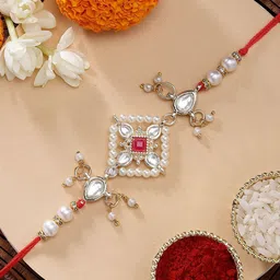 KARATCART Red Stone Floarl Kundan Rakhi with Roli & Chawal-picture-34