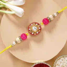 KARATCART Floral Design Pink Meena Kundan Rakhi with Roli & Chawal-picture-53