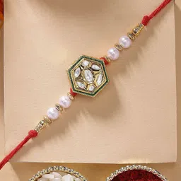 KARATCART White Pearl & Polki Kundan Rakhi with Roli Chawal-picture-31