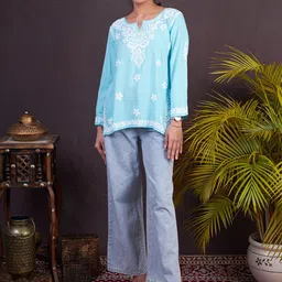 The Chikan Label Floral Embroidered Chikankari Organic Cotton Straight Kurti-picture-26