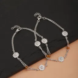 Carlton London Set of 2 Silver-Toned & Yellow Rhodium-Plated Beaded Floral-Shaped Anklets-picture-14