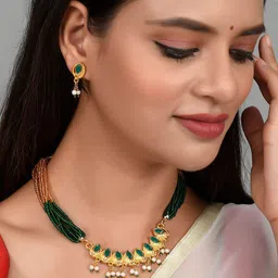 Silvermerc Designs  Gold-Plated  Green Stone-Studded Pearl Beaded Jewellery Set-picture-23