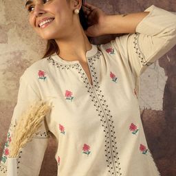 Indo Era Embroidered Pure Cotton Mandarin Collar Neck Top With Trousers A-Line Co-Ords-picture-39