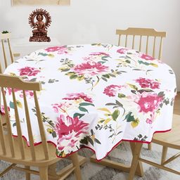 Texstylers Pink & White Floral Printed Anti Slip Cotton Round 4 Seater Table Cover-picture-12