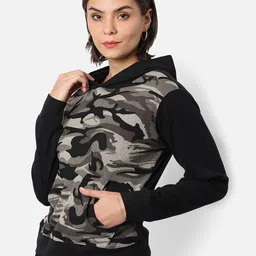 Campus Sutra Women Black & Beige Camouflage Printed Hooded Sweatshirt-picture-13