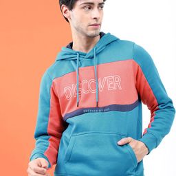 HIGHLANDER Men Teal & Orange Colourblocked Hooded Sweatshirt-picture-30