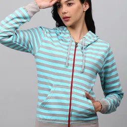 Campus Sutra Women Grey & Blue Striped Hooded Sweatshirt image 1