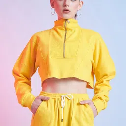 STREET 9 Yellow Mock Collar Pure Cotton Crop Sweatshirt-picture-23