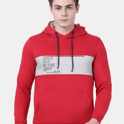 t-base Men Red Fleece Printed Hooded Sweatshirt image 1