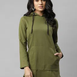 Rigo Women Olive Green Fleece Hooded Longline Sweatshirt-picture-26