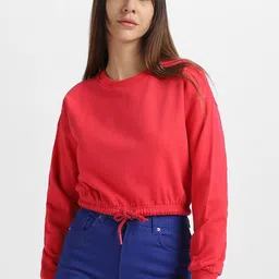 JUNEBERRY Round Neck Drop-Shoulder Sleeves Crop Pullover Fleece Sweatshirt-picture-24