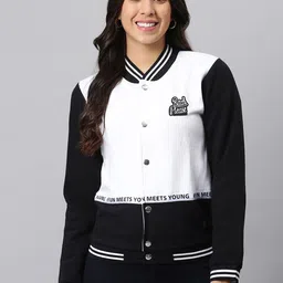 Campus Sutra Women White & Black Colourblocked Varsity Jacket-picture-43