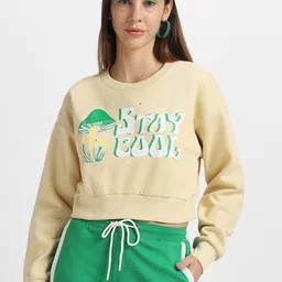 JUNEBERRY Typography Printed Crew Neck Fleece Cropped Pullover Sweatshirt-picture-15