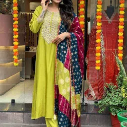 KALINI Women Embroidered Sequinned Kurta with Trousers & With Dupatta image 3