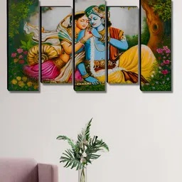 SAF Green & Orange 5 Pieces Radha Krishna Religious Wooden Wall Art image 2