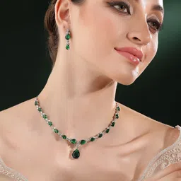 Priyaasi Silver-Plated AD Studded Emerald Drop Pattern Necklace and Earrings-picture-23