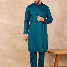 House of Pataudi Men Mandarin Collar Knee Length Straight Kurta With Pyjama-picture-20