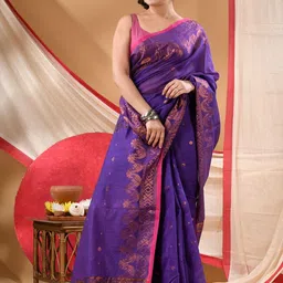 DESH BIDESH Ethnic Motifs Woven Design Zari Taant Handloom Saree with Blouse Piece-picture-11