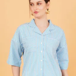 Chemistry Women Vertical Stripes Cotton Roll-Up Sleeves Shirt Style Top image 2