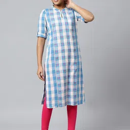 AURELIA Women Blue & White Checked Keyhole Neck Kurta-picture-12