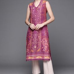 Biba Women Purple & Brown Pure Cotton Ethnic Motifs Printed V-Neck Sleeveless  Kurta-picture-31