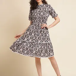 NAINVISH Floral Printed Mandarin Collar Puff Sleeve Fit & Flare Ethnic Dresses-picture-18
