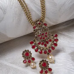 Sukkhi Gold-Plated Stone-Studded & Pearl Beaded Multistring Jewellery Set-picture-18