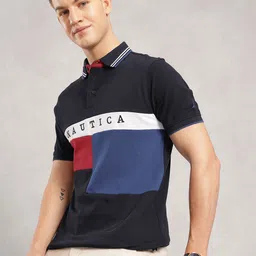 Nautica Brand Logo Embroidered Colourblocked Polo Collar Pure Cotton T-shirt-picture-40