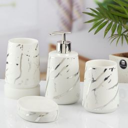 Kookee White 4 Pieces Abstract Printed Ceramic Glossy Finished Bath Accessories Set-picture-5